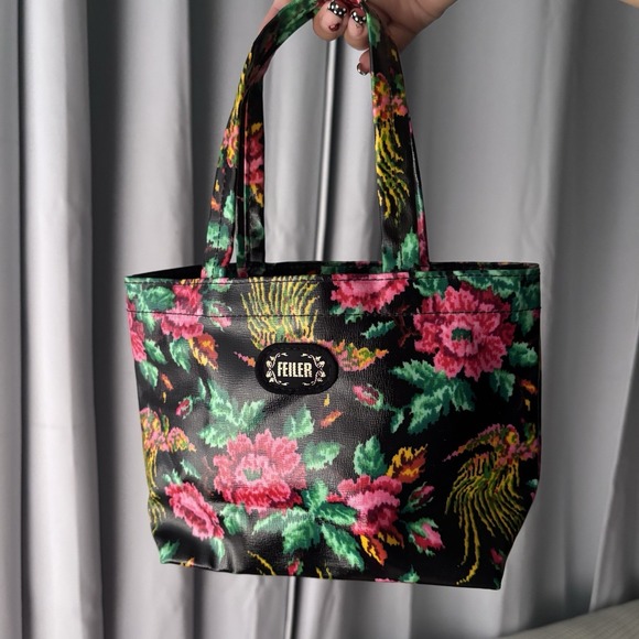 FEILER Floral Tote Bag Small Black Pink Green Purse Handbag Women's - Picture 1 of 7